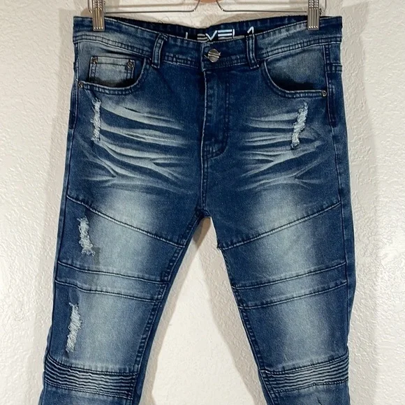 LEVEL 1 DENIM Super Skinny Fit Distressed Moto Jeans Size 32x32 - Picture 2 of 10